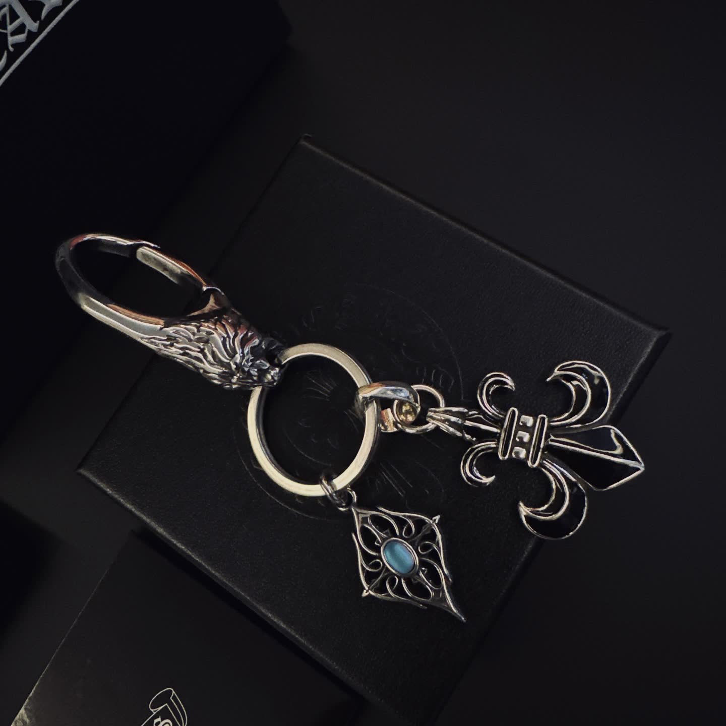 Chrome Hearts Silver Keychain with Fleur-de-lis and Gemstone